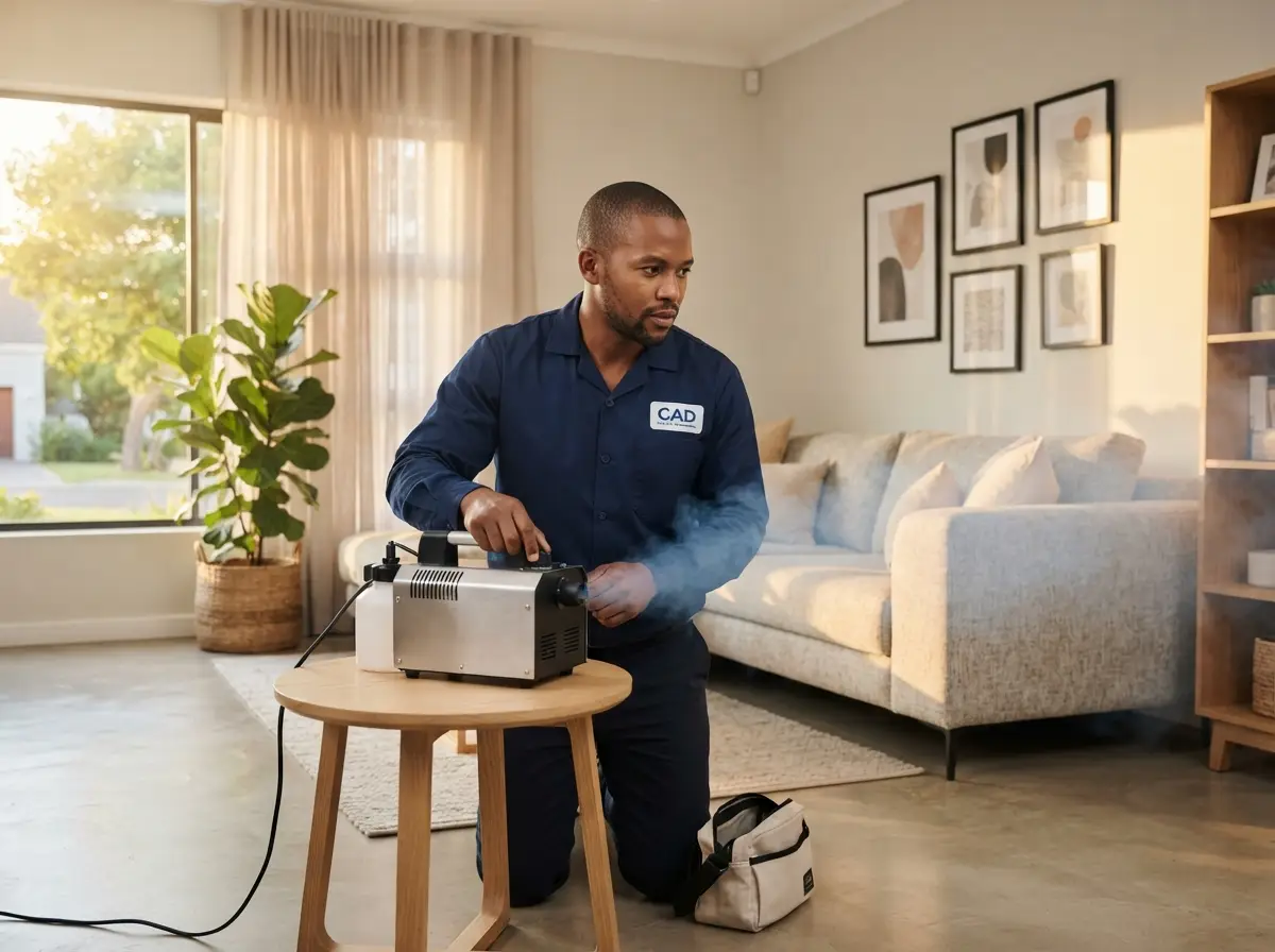 Clean Air Doctor technician operating a thermal dry-fog unit in a contemporary South African home, with soft white-blue vapour drifting from the nozzle into the living room.