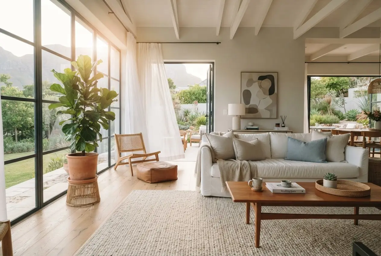 Bright, immaculate contemporary South African home living room after a Clean Air Doctor reset — the 'after' state, calm and breathable.