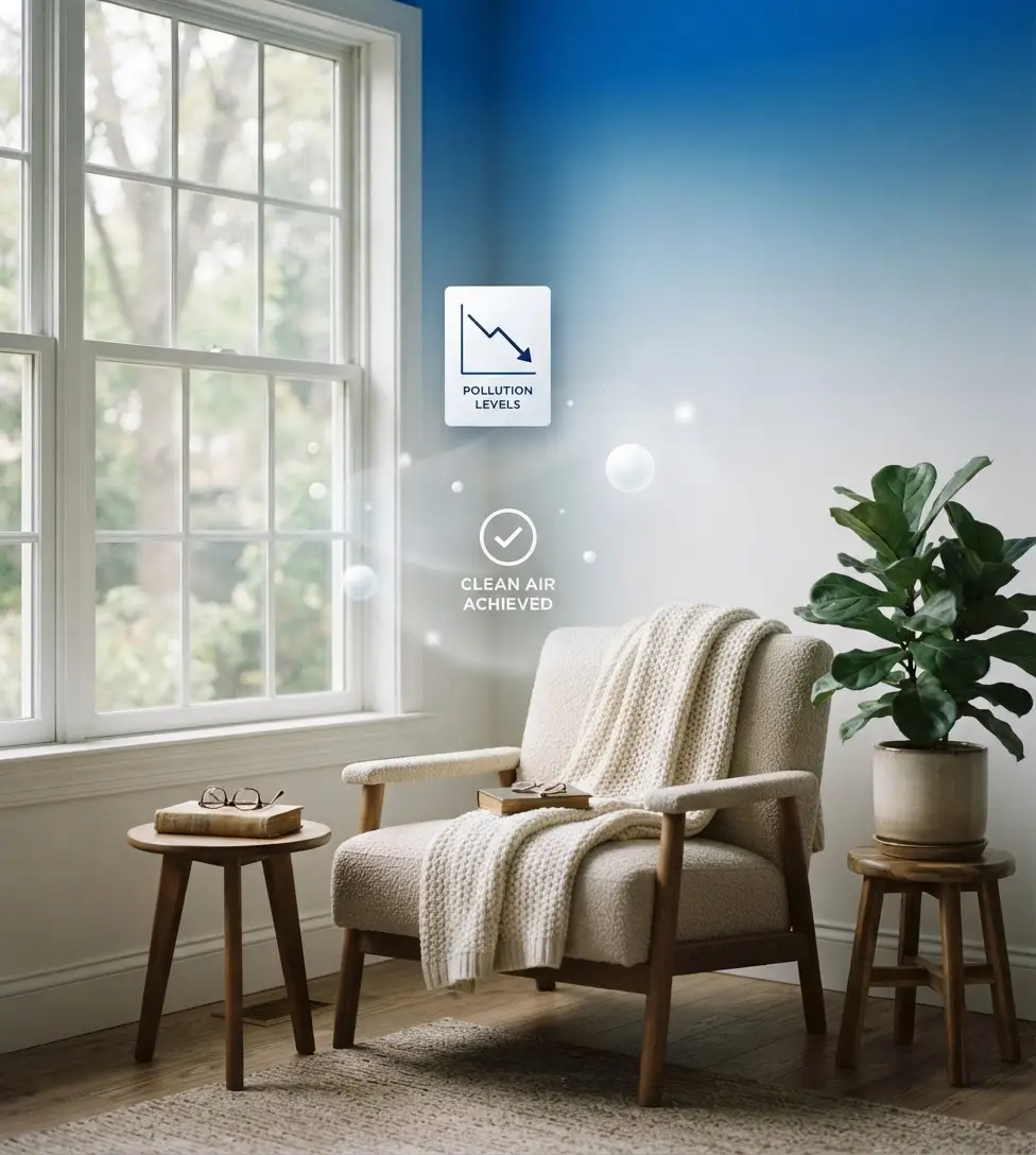 Editorial composition of a softly-lit domestic interior on a medical-blue background, representing a reset of the air in a sensitive home.